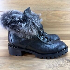 RAS Hiker Lug Sole Boots Womens 9.5 EU 40 Black Leather Studded Faux Fur Combat
